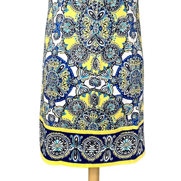 London Style Mandala Print Sleeveless Shift Dress Size 8 Yellow Blue Cotton - Picture 10 of 14